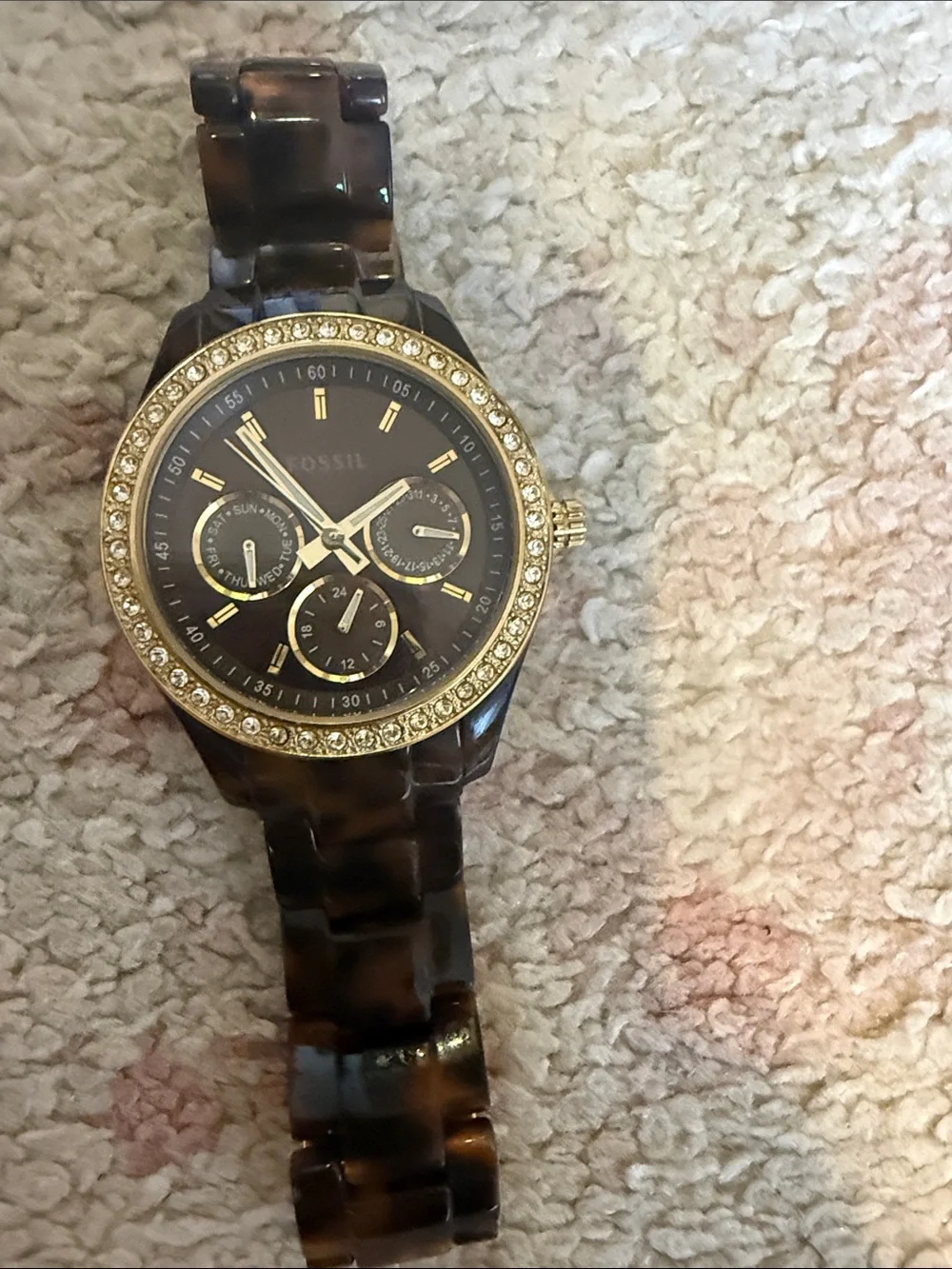 Fossil Women's Tortoiseshell Bracelet Watch with Gold Crystal Bezel